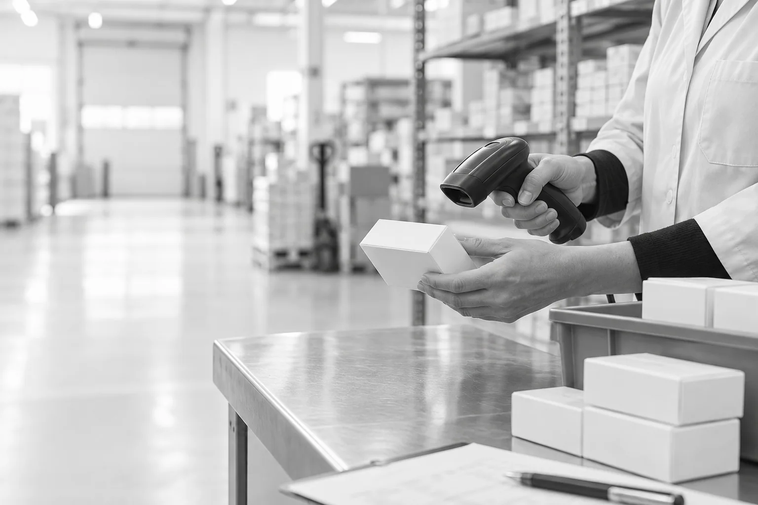 Illustrative receiving operation: scanning a pharmaceutical carton