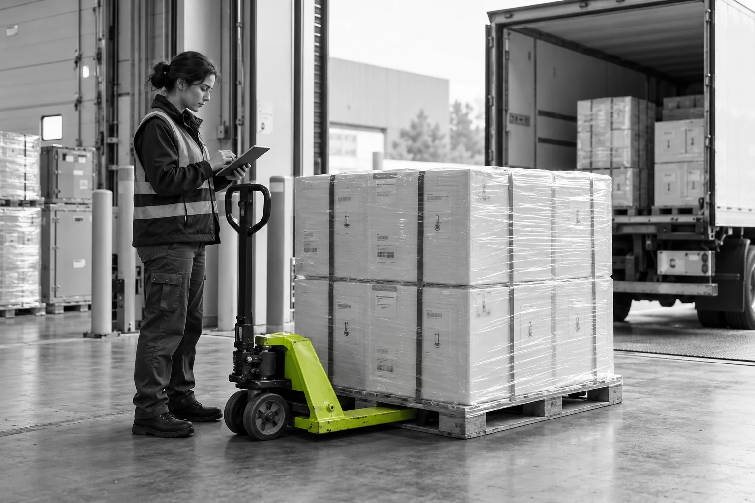 Logistics coordinator checking a pallet of pharmaceutical shipments at a dispatch bay