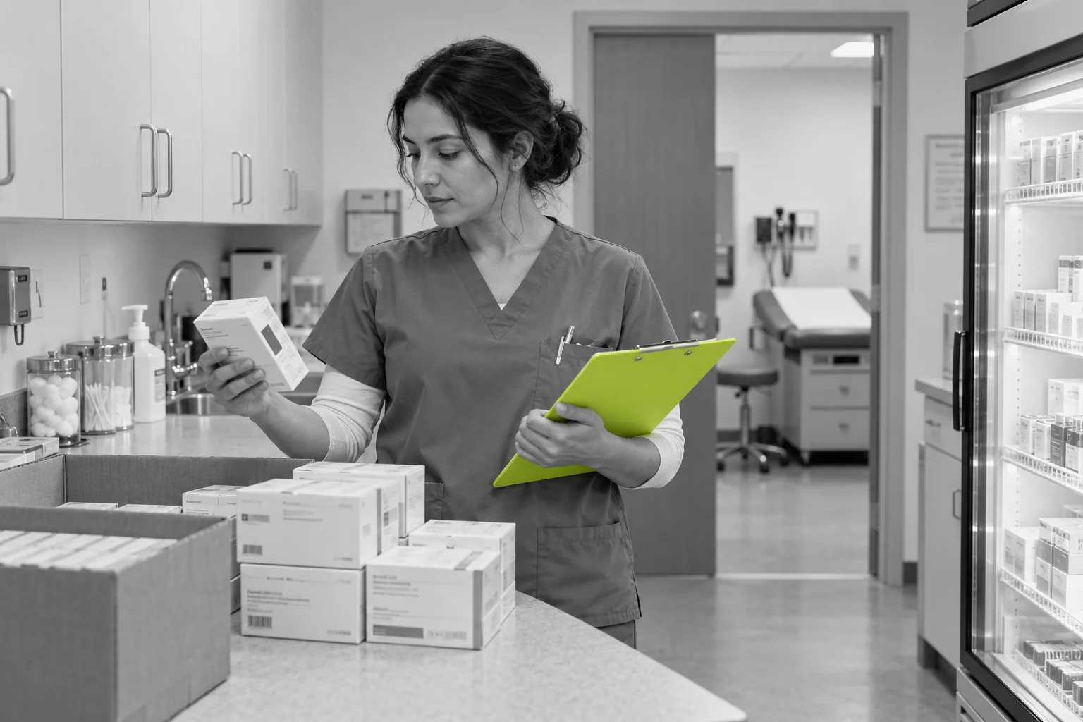 Clinic nurse checking a medicine delivery in an outpatient supply room
