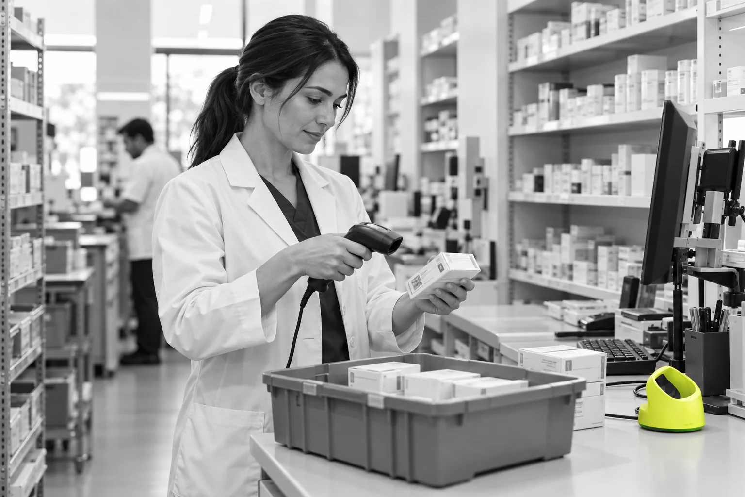 Pharmacist scanning a medicine carton at a retail pharmacy receiving station