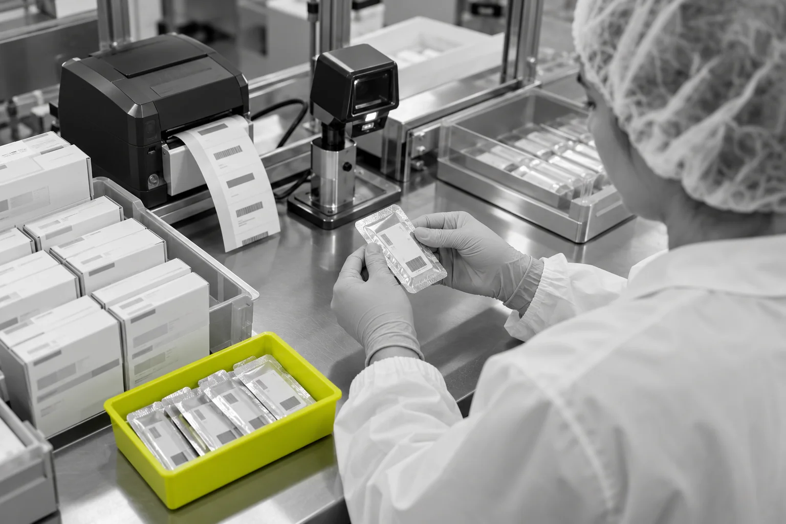 Technician verifying a sealed blister package at a pharmaceutical repackaging workstation